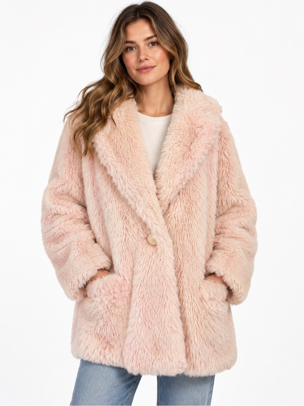 Vintage Pink Faux Fur Teddy Coat XL Oversized Shaggy Plush Mod Winter Jacket